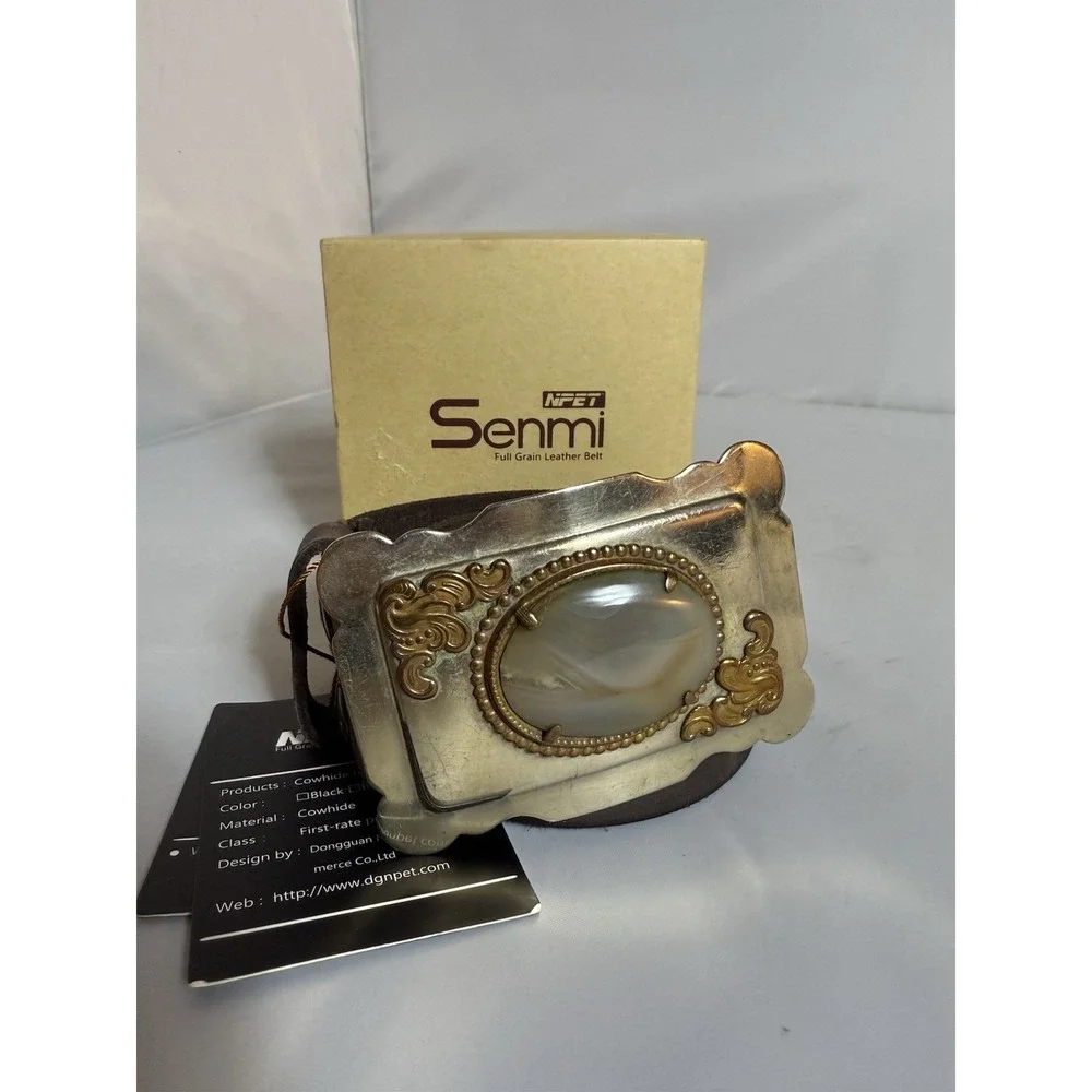 Senmi Leather Belt Antique Ornate Buckle Stone Western Cowboy Size 32-34 NEW